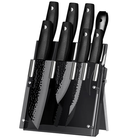 Bfonder 11pcs Kitchen Knife Set Knife Block Set with Sharpener Black, Japanese Knife Set with Block Stainless Steel Knives with Stylish Modern Acrylic Stand