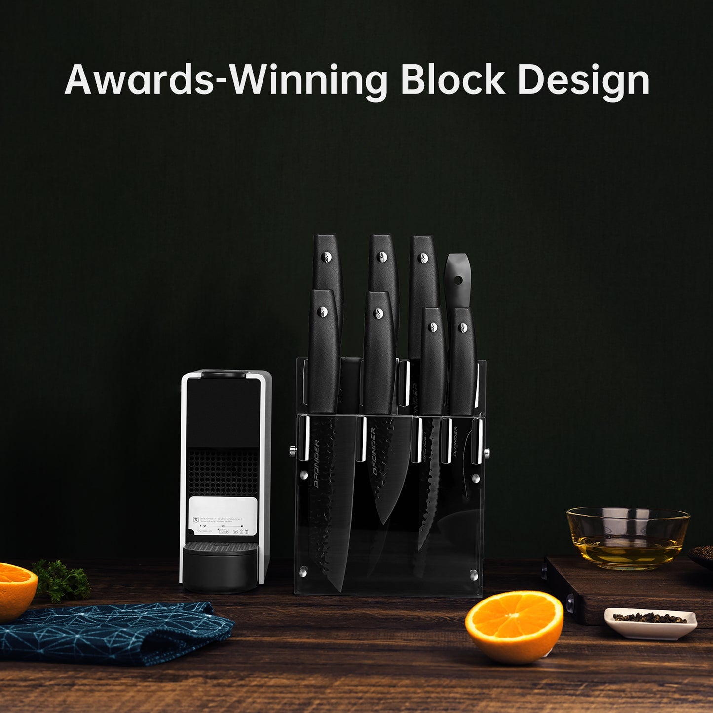 Bfonder 11pcs Kitchen Knife Set Knife Block Set with Sharpener Black, Japanese Knife Set with Block Stainless Steel Knives with Stylish Modern Acrylic Stand